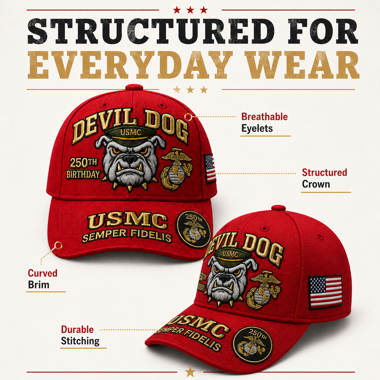 🔥 Father’s Day Sale - ❤️Devil Dog USMC 250th Birthday Commemorative Embroidered Cap（Printed） 🇺🇸