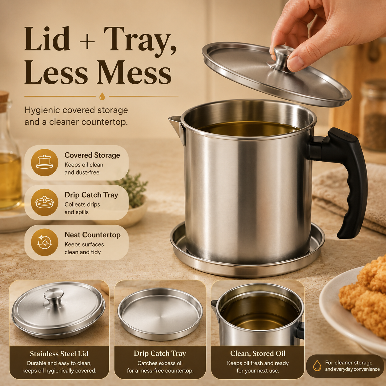 🔥 Hot Sale | Modern Kitchen Oil Dispenser with Tray & Lid