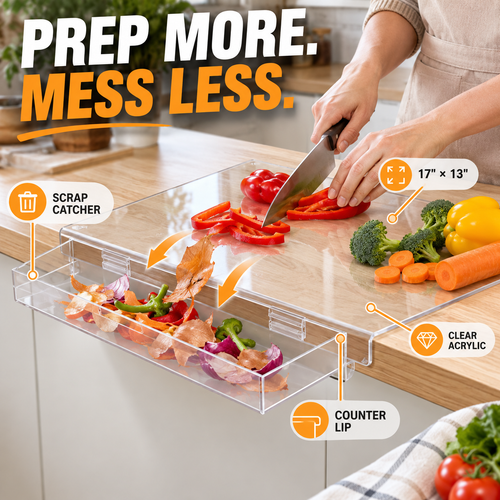 ⚡ 50% OFF🔪 Acrylic Cutting Board✨ Built-In Waste Container & Counter Lip