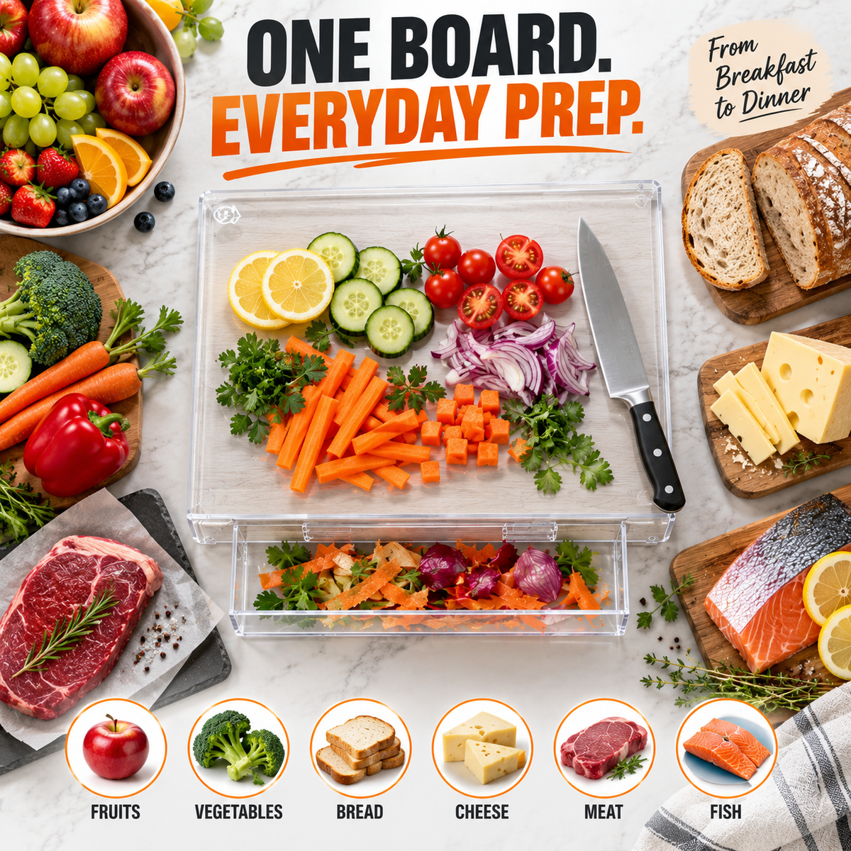 ⚡ 50% OFF🔪 Acrylic Cutting Board✨ Built-In Waste Container & Counter Lip