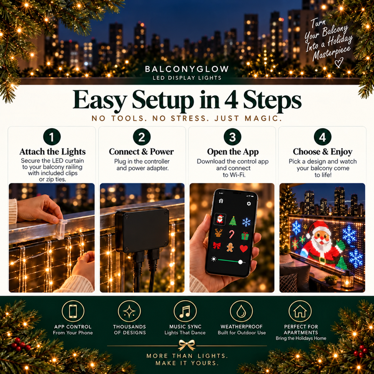 🎄 Smart App-Controlled LED Curtain Lights – Animated Holiday Balcony Display