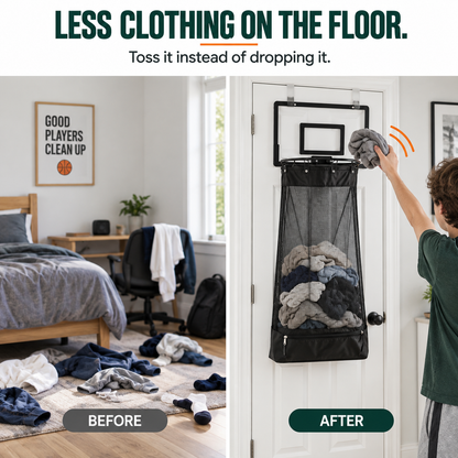🏀 2-in-1 Door Hanging Laundry Basket with Basketball Hoop – Fun & Functional Storage!