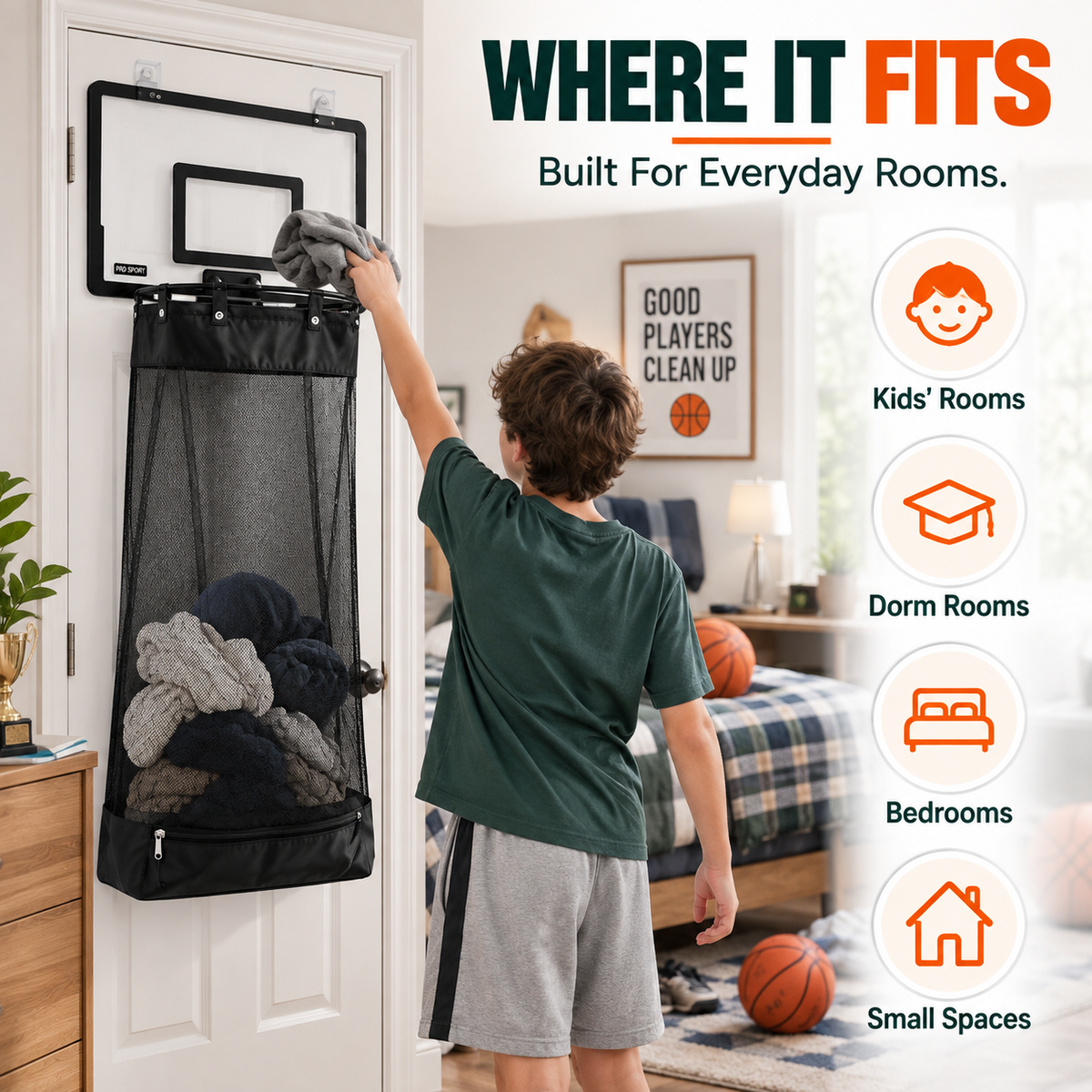 🏀 2-in-1 Door Hanging Laundry Basket with Basketball Hoop – Fun & Functional Storage!