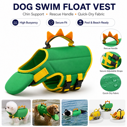 🔥LAST DAY 50% OFF🔥Dinosaur Dog Swim Float Vest with Chin Support & Rescue Handle