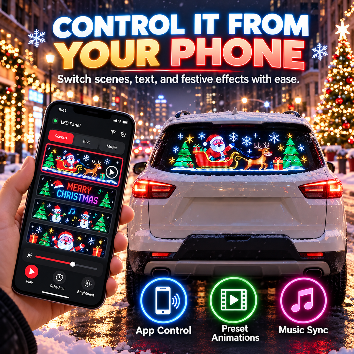 🔥50% OFF🎅 Animated Christmas LED Rear Window Panel – App Controlled Car Display✨