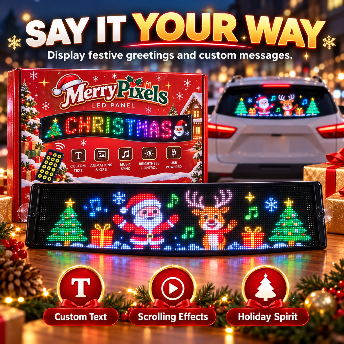 🔥50% OFF🎅 Animated Christmas LED Rear Window Panel – App Controlled Car Display✨