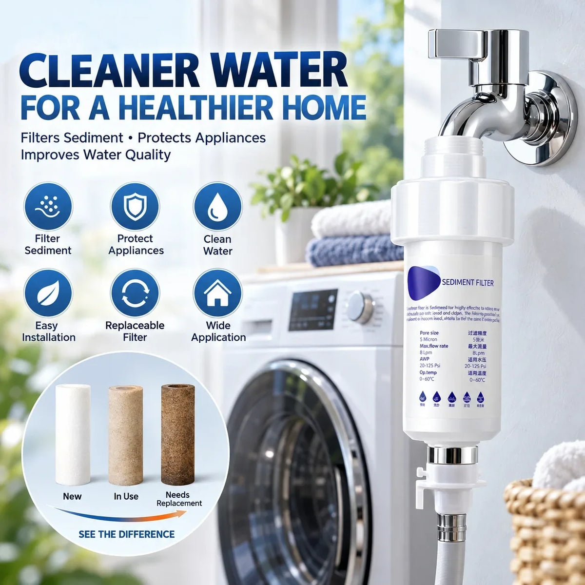 💧 50% OFF 5μm Sediment Water Filter – Cleaner Water For Washing Machine & Home