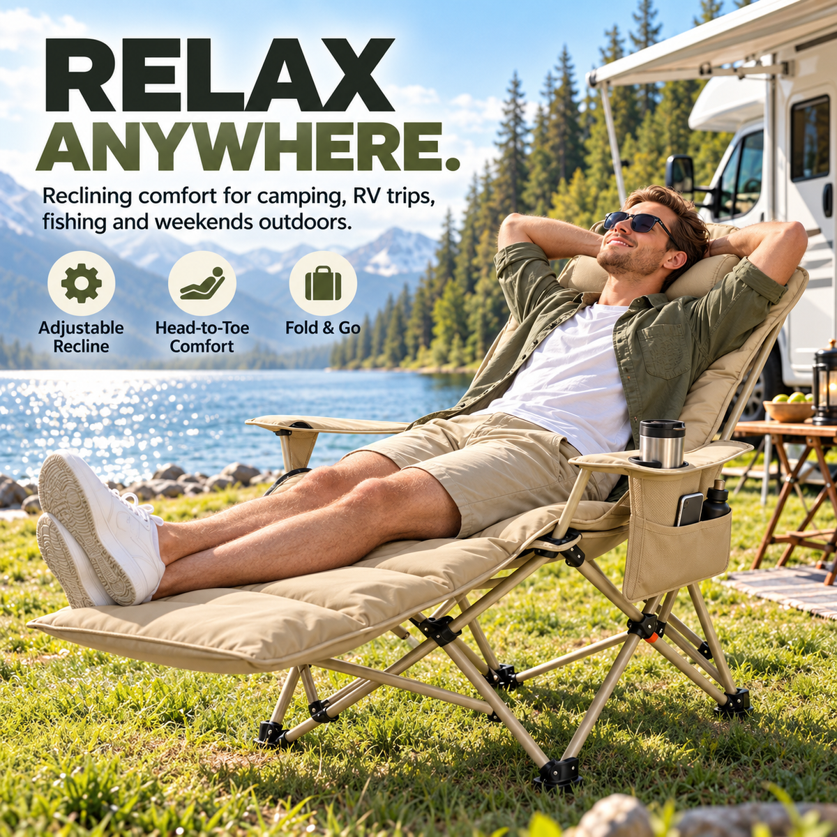 🔥Limited Time 50% OFF — 4-Position Reclining Camping Chair with Removable Footrest ✨ Stretch Out in Comfort