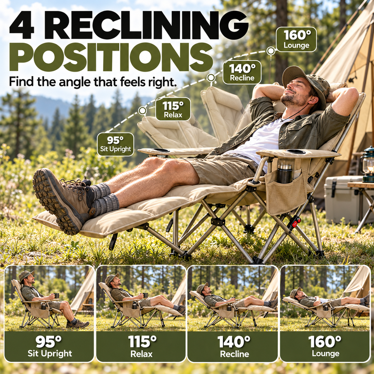 🔥Limited Time 50% OFF — 4-Position Reclining Camping Chair with Removable Footrest ✨ Stretch Out in Comfort