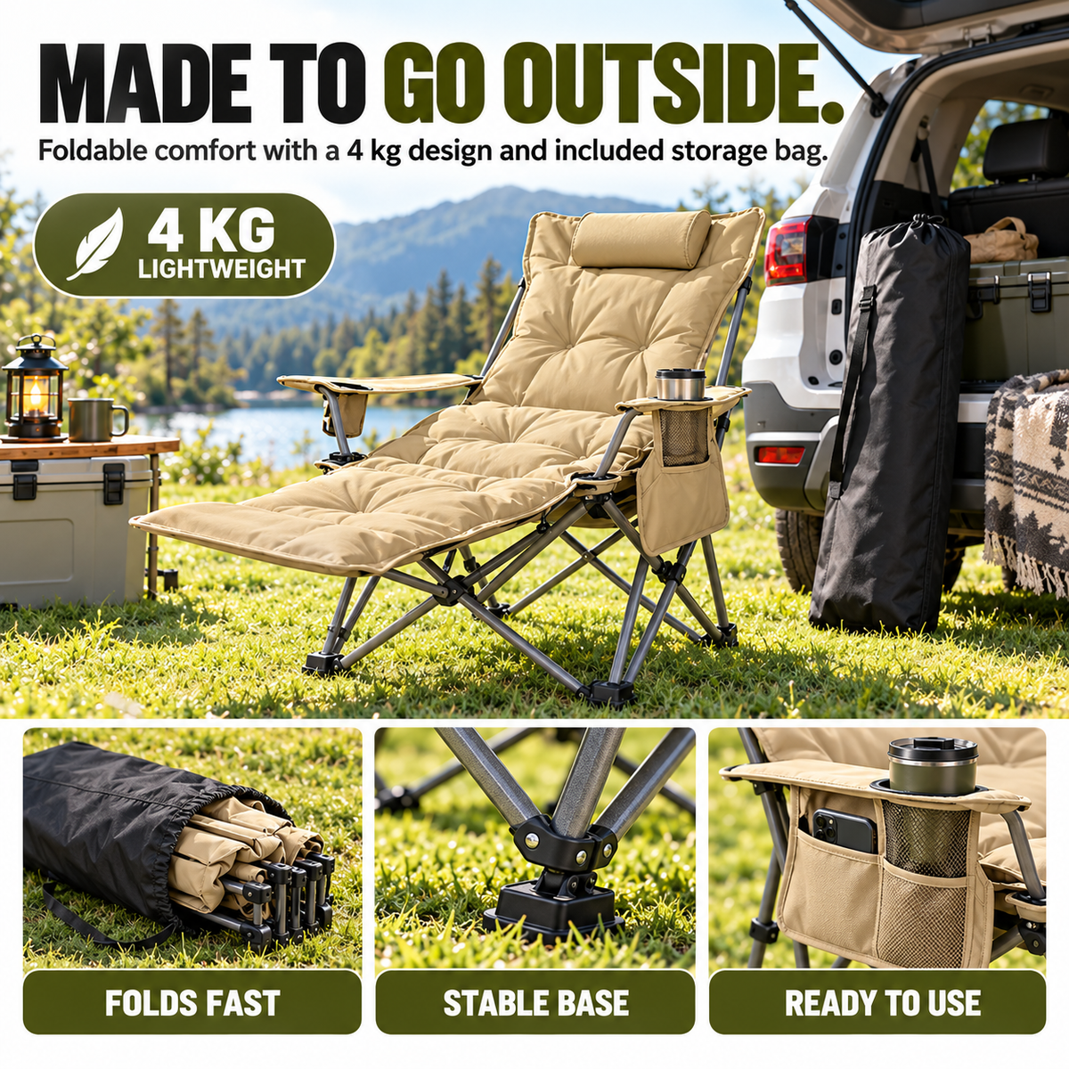 🔥Limited Time 50% OFF — 4-Position Reclining Camping Chair with Removable Footrest ✨ Stretch Out in Comfort