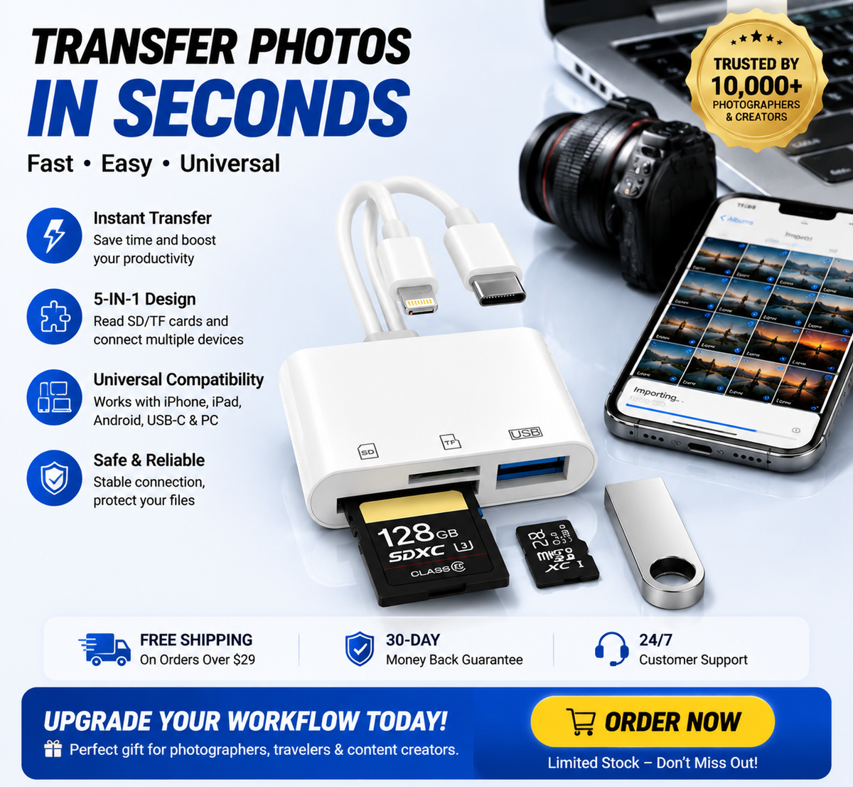 💥Limited-time 50% discount🔌 5-in-1 SD Card Reader for iPhone & USB-C – Fast Photo & Video Transfer Adapter