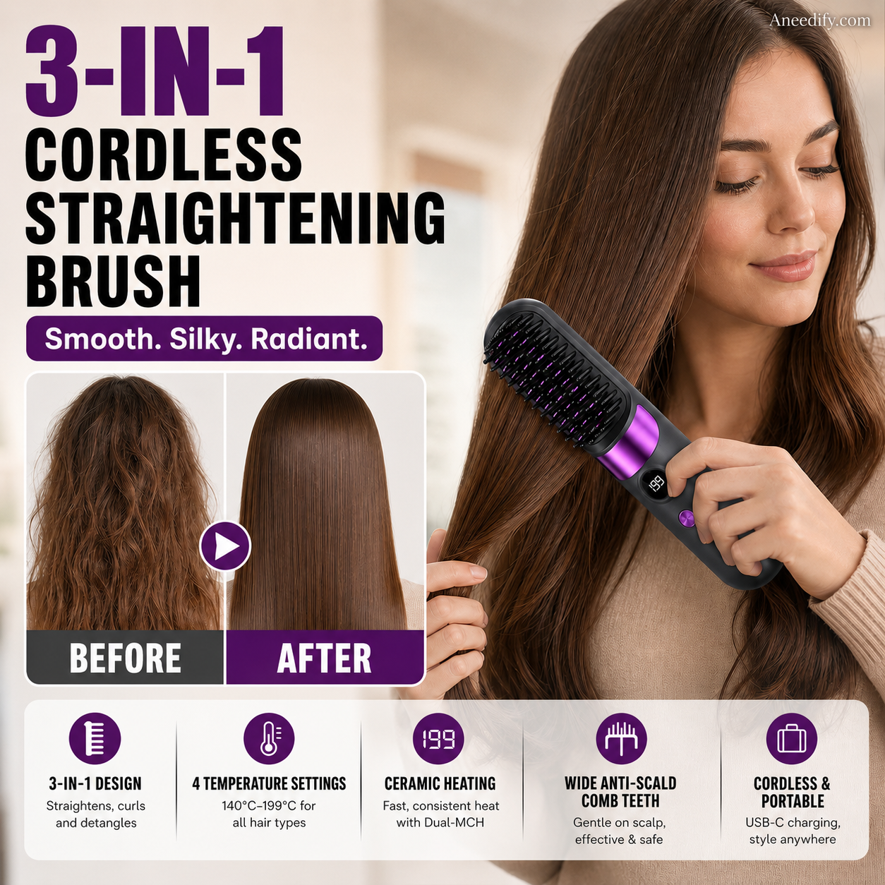 🔥HOT SALE 49% OFF💇‍♀️🔥 3-in-1 Cordless Hair Straightening Brush – Straighten, Curl & Detangle – USB-C Rechargeable with 4 Heat Settings – Perfect Hair Anywhere! ✨