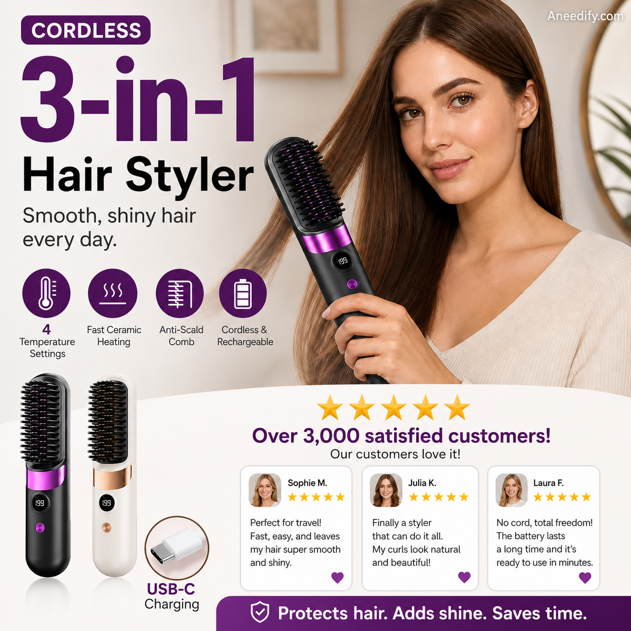 🔥HOT SALE 49% OFF💇‍♀️🔥 3-in-1 Cordless Hair Straightening Brush – Straighten, Curl & Detangle – USB-C Rechargeable with 4 Heat Settings – Perfect Hair Anywhere! ✨