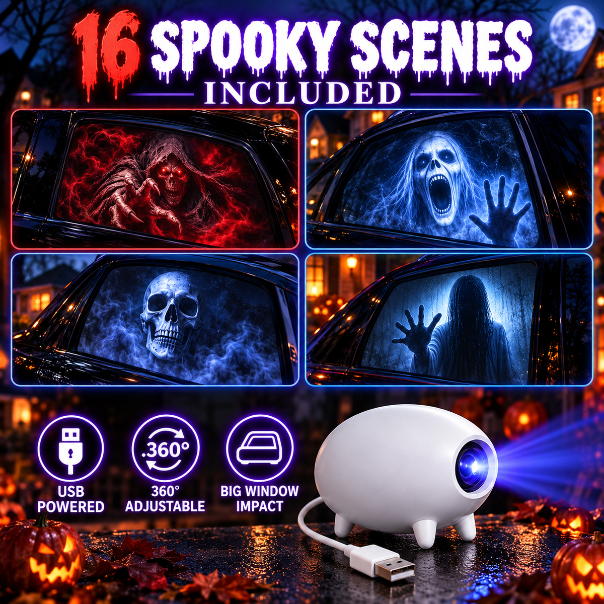 💥 50% OFF 👻 Halloween Car Window Projector 🎃 Turn Your Ride Into a Horror Scene