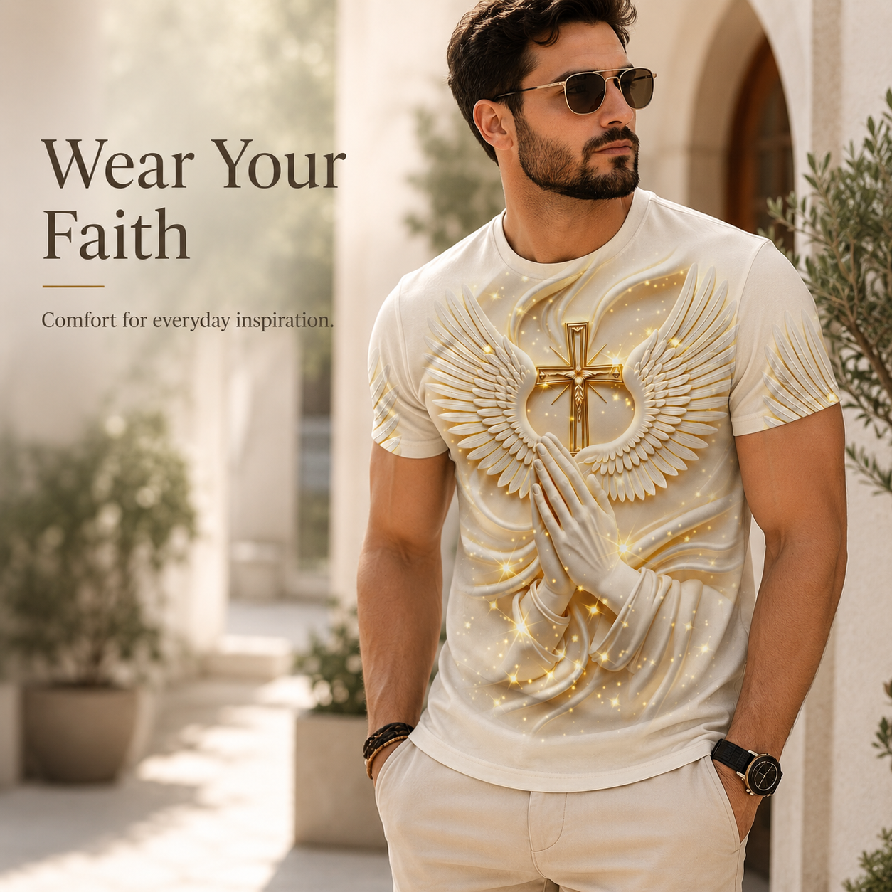 🙏✝️ Men’s Angel Wings Cross 3D Graphic Tee – Faith-Inspired Summer T-Shirt