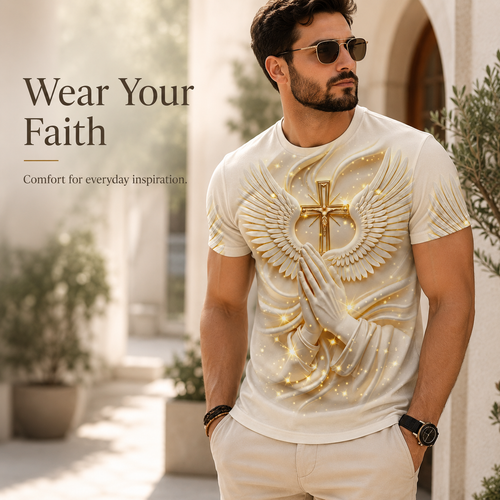 🙏✝️ Men’s Angel Wings Cross 3D Graphic Tee – Faith-Inspired Summer T-Shirt