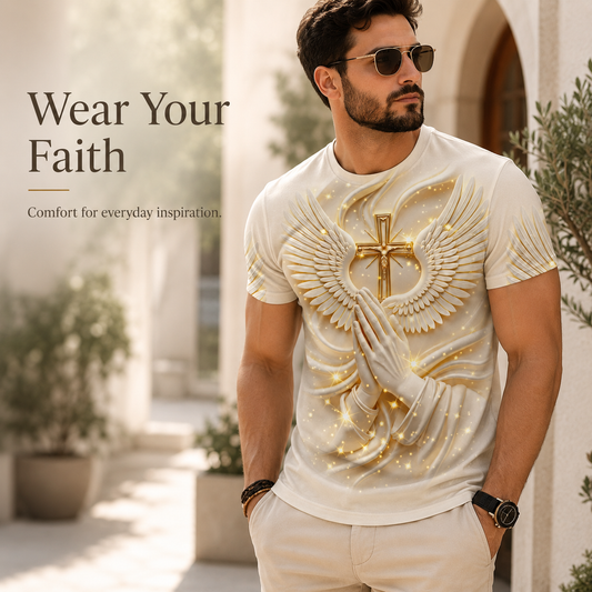 🙏✝️ Men’s Angel Wings Cross 3D Graphic Tee – Faith-Inspired Summer T-Shirt