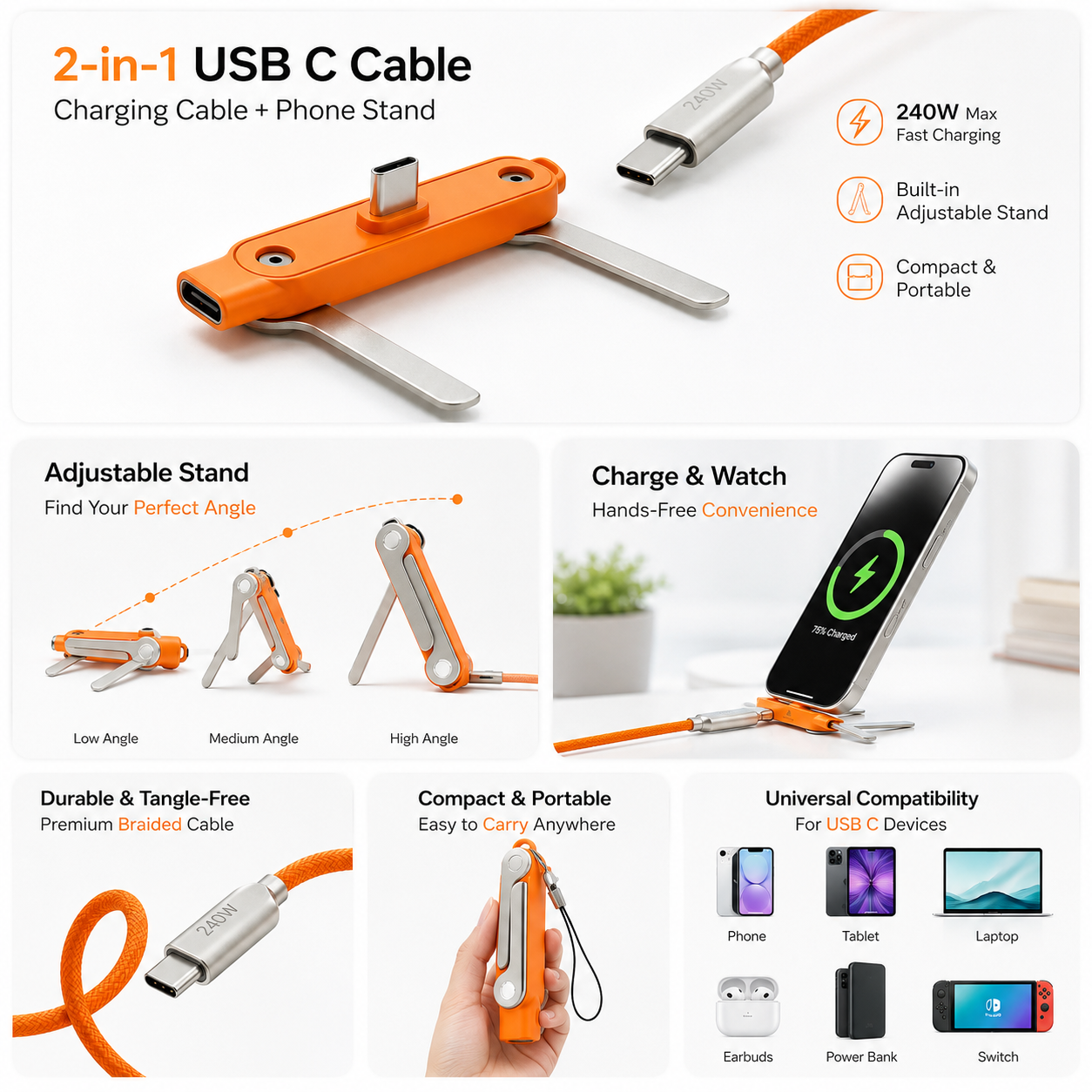Fast-Charging Cable with Detatchable Stand | USB-C & Lightning