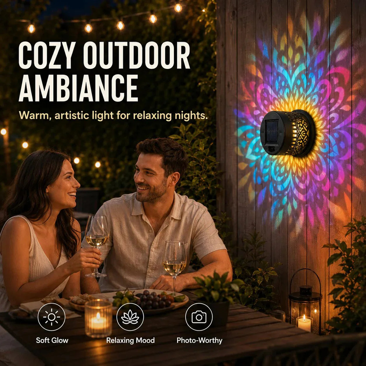 💡Solar Mandala Wall Light Outdoor Garden Fence Projector Lamp Patio Ambient Decor