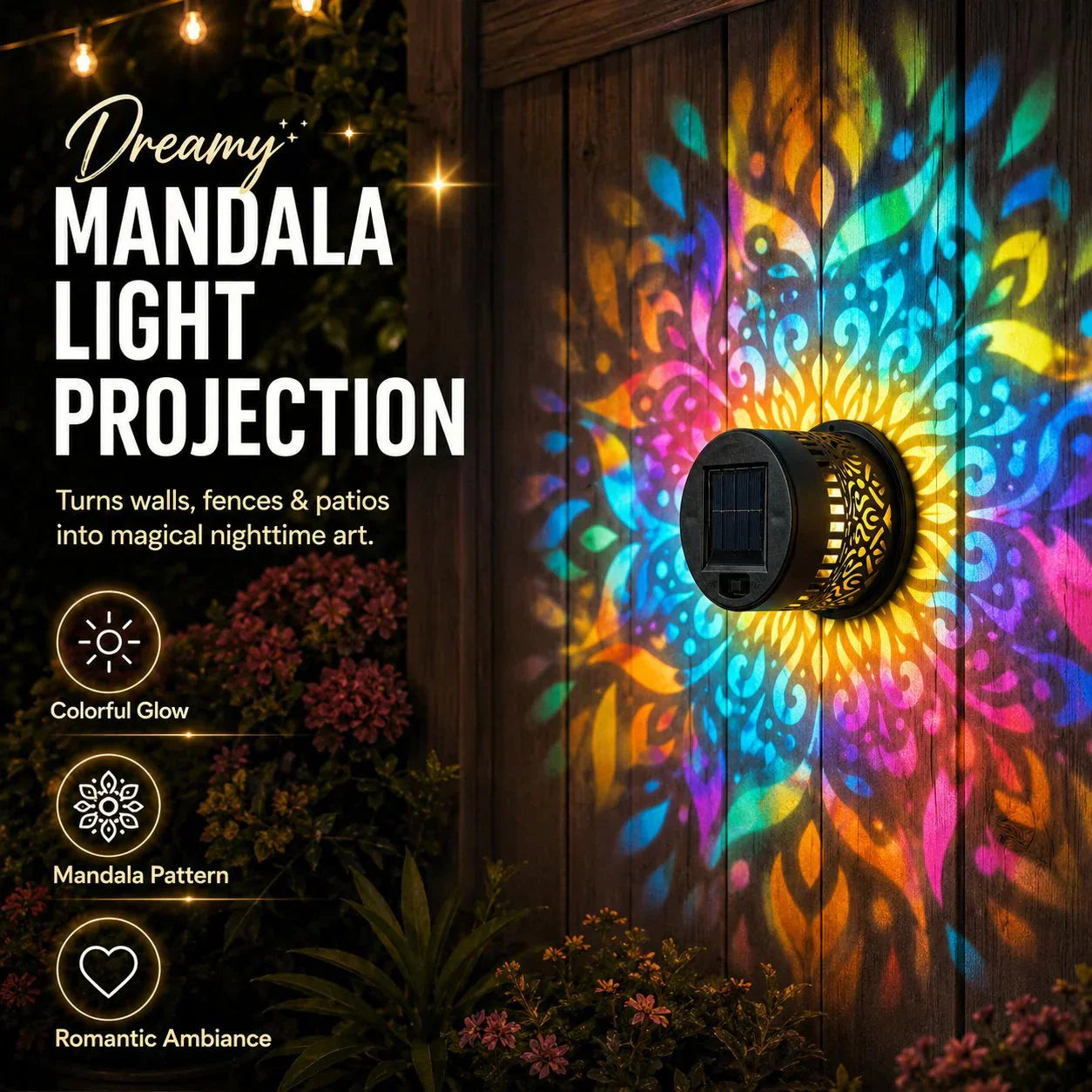 💡Solar Mandala Wall Light Outdoor Garden Fence Projector Lamp Patio Ambient Decor