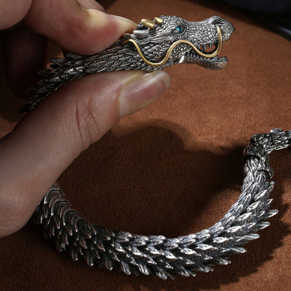 🐉Vintage Antique Silver Dragon Scale Bracelet, Flexible Movable Dragon Chain Bangle🐉
