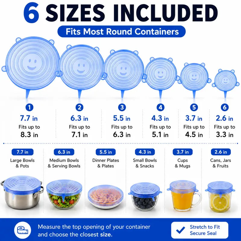 🔥LAST DAY 50% OFF🥗 6-Pack Silicone Stretch Lids – Reusable♻️, BPA-Free & Leak-Proof Covers for Bowls, Pots, Cups & Fruits