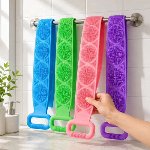 50% OFF🛁 Silicone Double Sided Exfoliating Back Scrubber, Long Strap Shower Body Bath Brush with Mesh Sponge