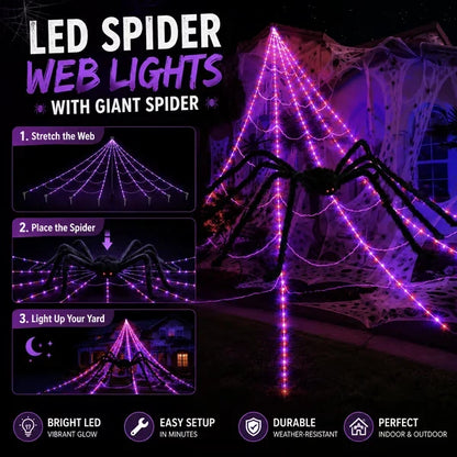 👻Halloween LED Spider Web Lights & Giant Black Spider Decor | 250 LEDs, 8 Modes, Remote Control✨