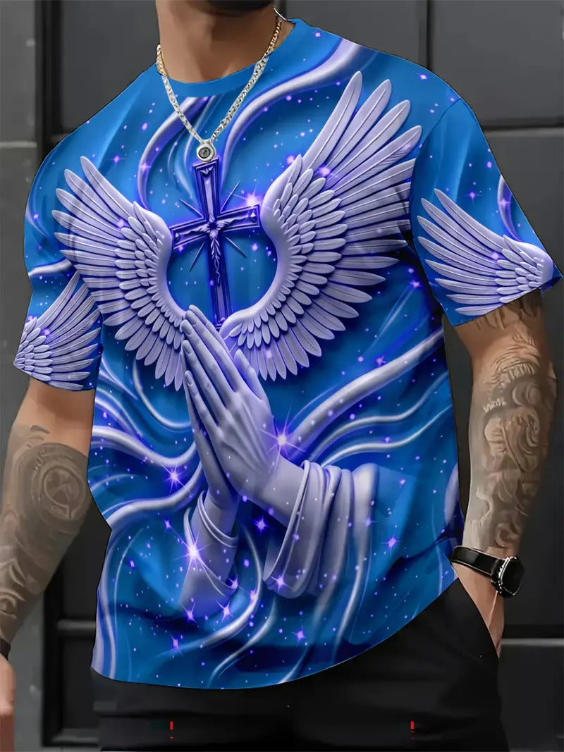🙏✝️ Men’s Angel Wings Cross 3D Graphic Tee – Faith-Inspired Summer T-Shirt