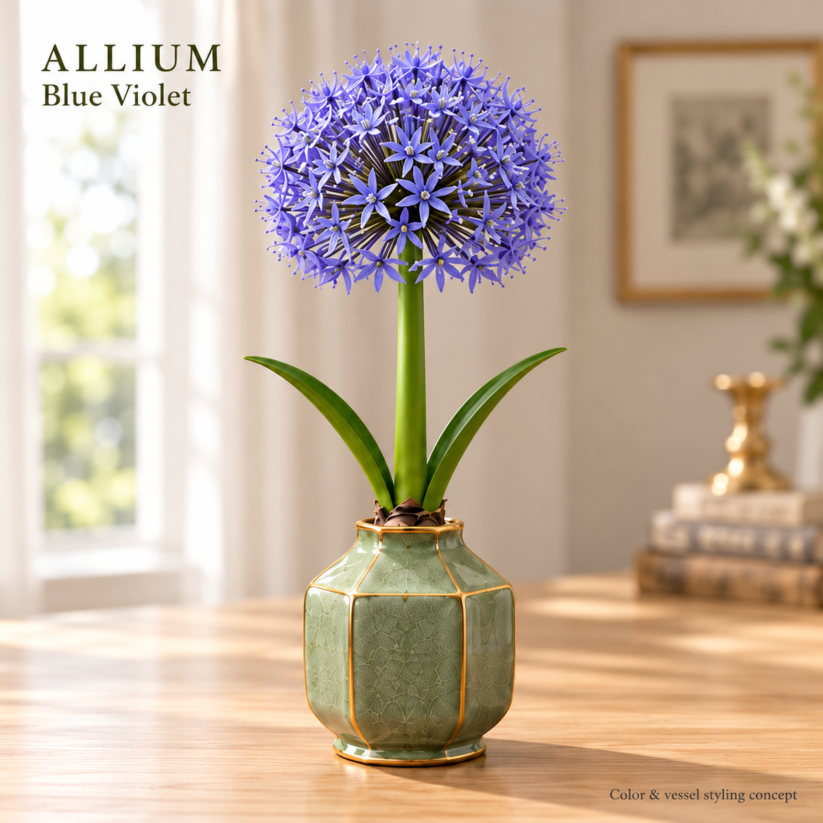 Allium blue-violet flowering and vessel styling concept