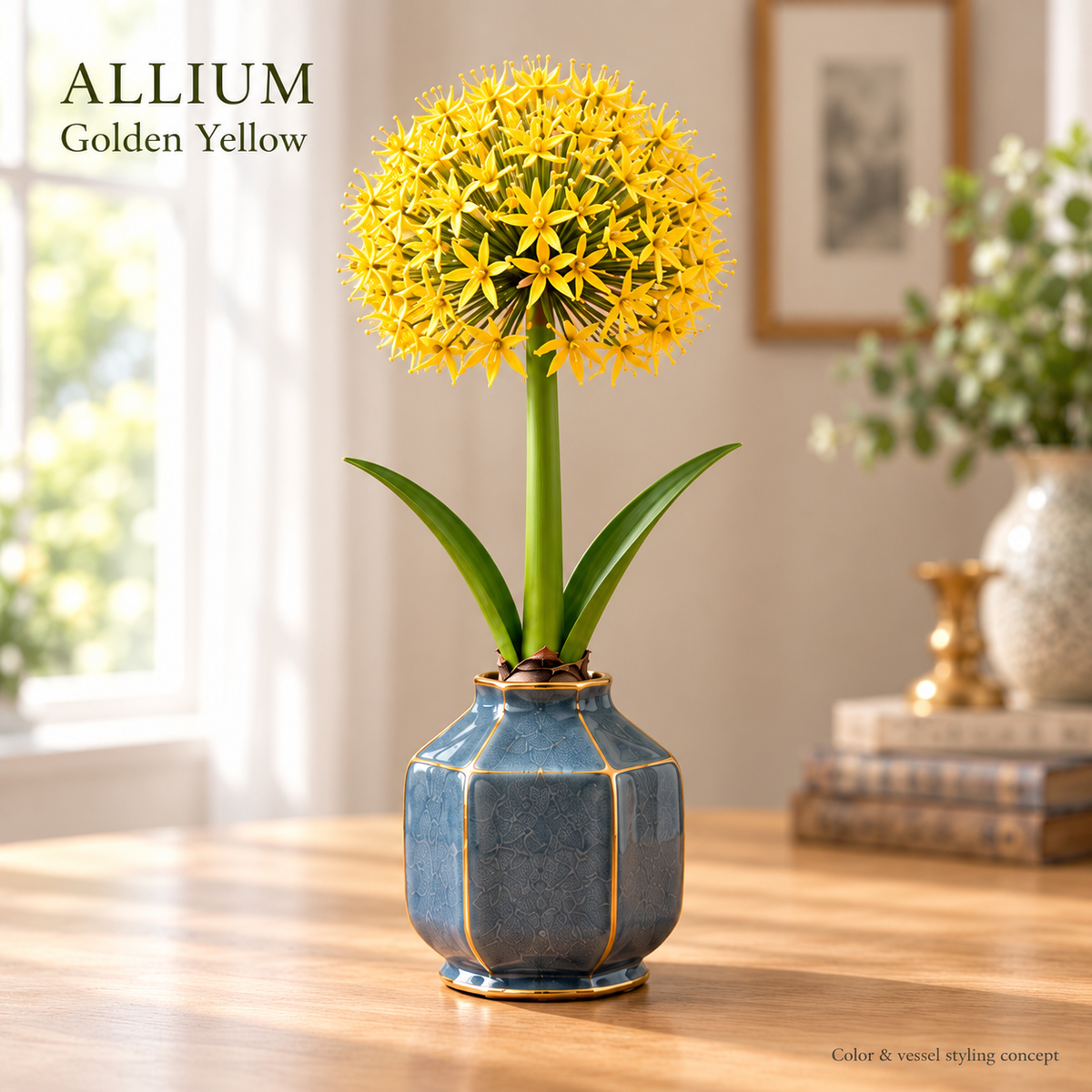 Allium golden-yellow flowering and vessel styling concept