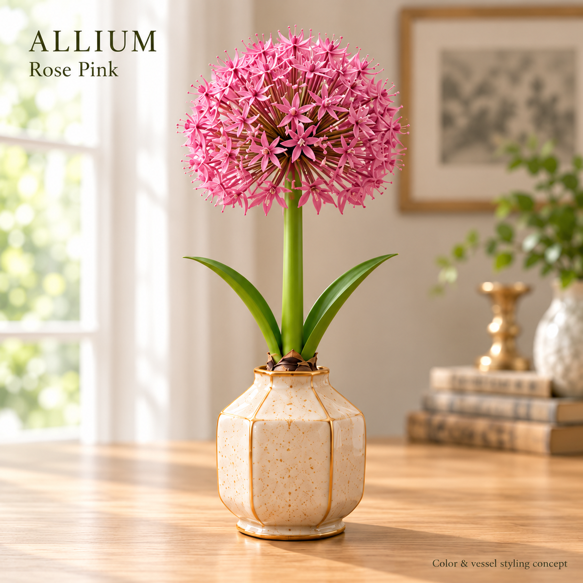Allium rose-pink flowering and vessel styling concept