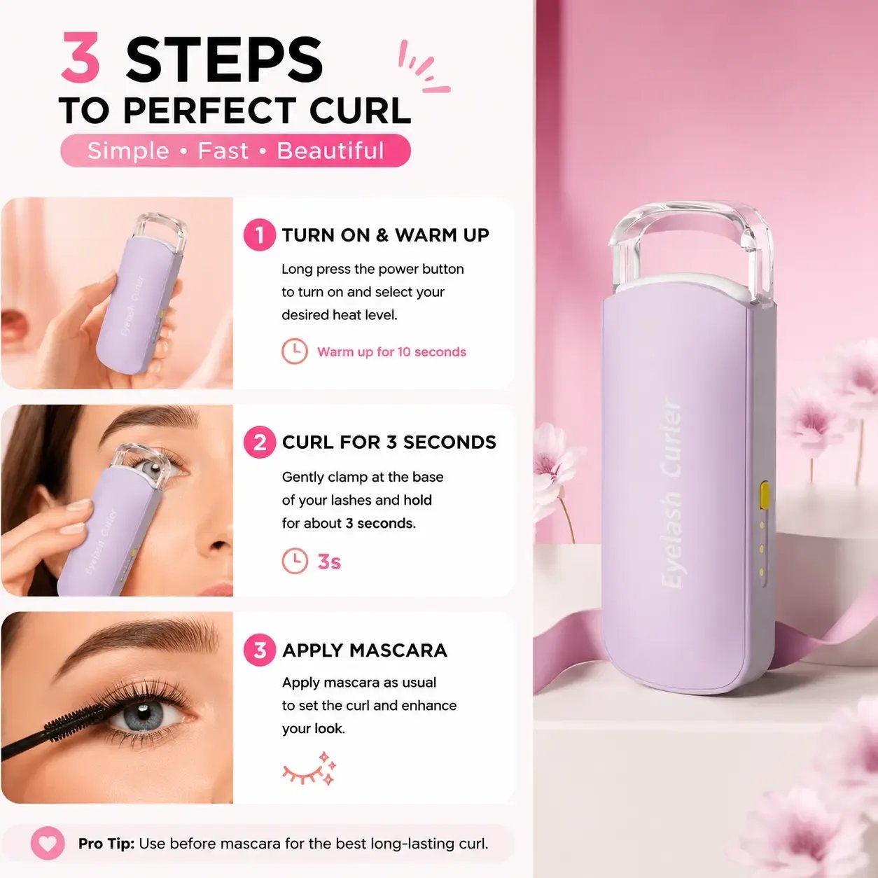 🏆75K+ SOLD!🔥 Heated Eyelash Curler – USB Rechargeable Electric Lash Lift Tool