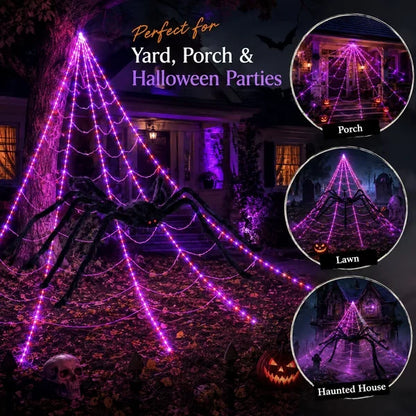 👻Halloween LED Spider Web Lights & Giant Black Spider Decor | 250 LEDs, 8 Modes, Remote Control✨