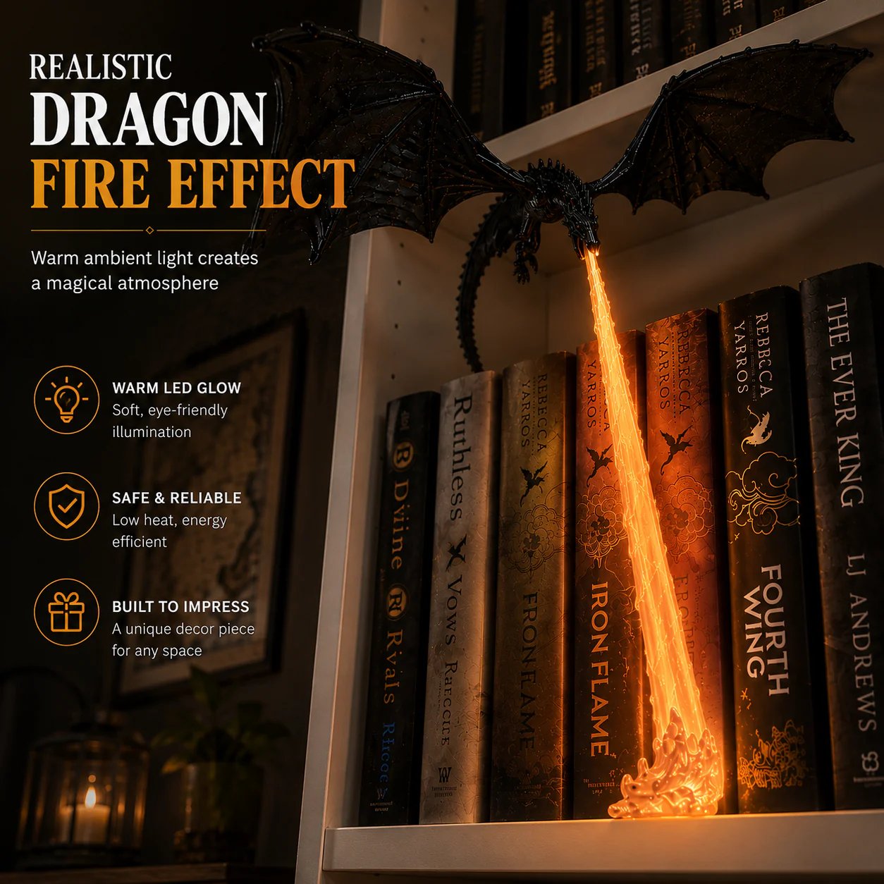 🔥 Limited 50% OFF🐉 Fire-Breathing Dragon Bookshelf Decor Lamp + LED Flame Light Kit