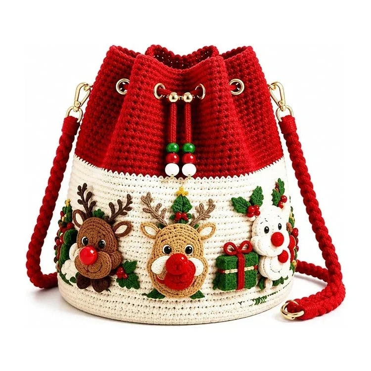 🎄 3D Crochet Christmas Bucket Bag ✨ Festive Crossbody Purse with Detachable Strap