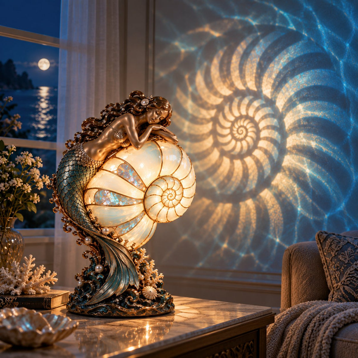 🌊 Moon Tide Mermaid Nautilus Lamp™ – Enchanting Ocean Glow for Your Home