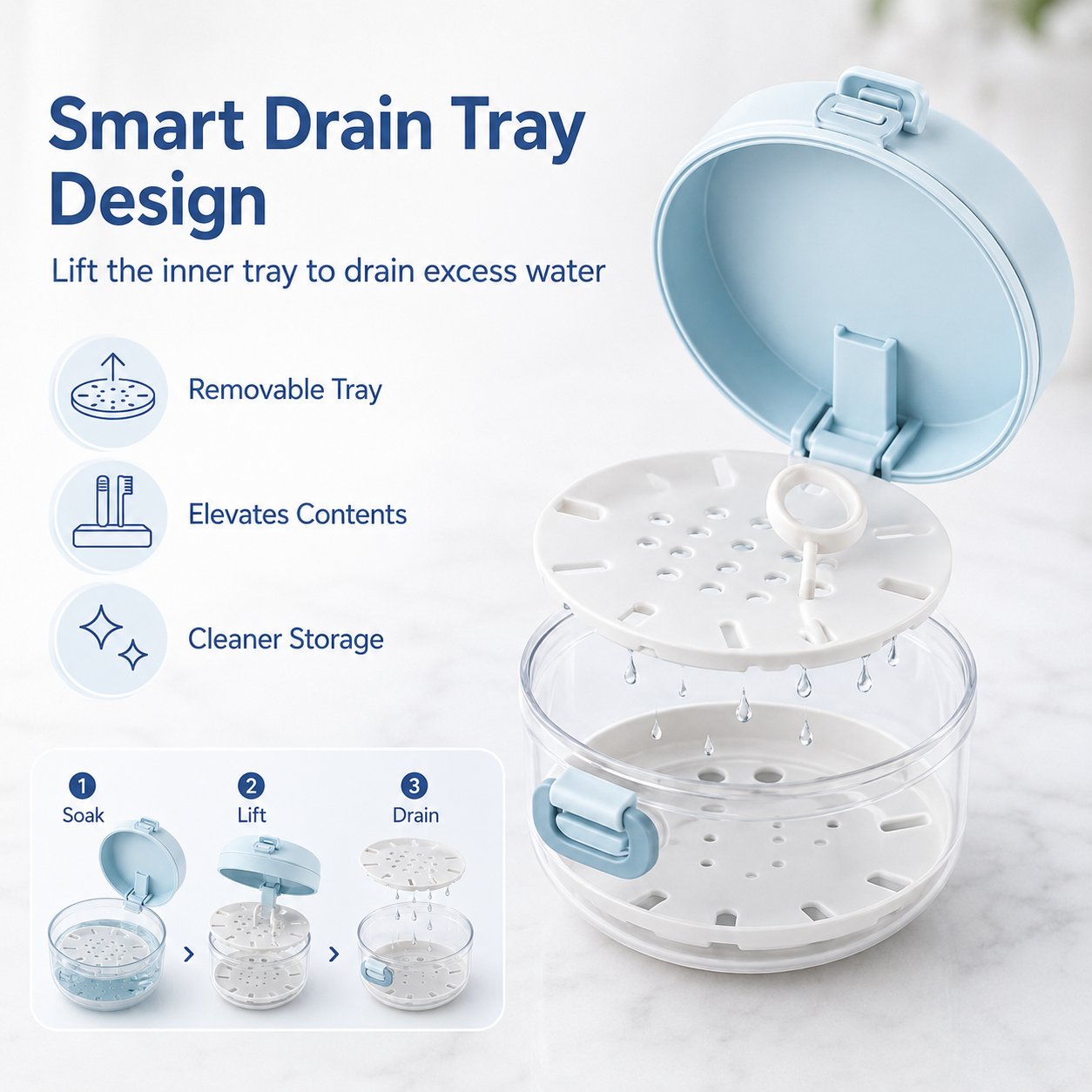 🦷✨3-in-1 Retainer Cleaning & Storage Case – Portable Leak-Resistant Soak Box with Drain Tray, Mirror & Cleaning Brush