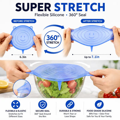 🔥LAST DAY 50% OFF🥗 6-Pack Silicone Stretch Lids – Reusable♻️, BPA-Free & Leak-Proof Covers for Bowls, Pots, Cups & Fruits