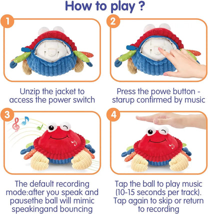 🦀Musical Interactive Bouncing Crab Plush Toy - 48 Songs & Recording Feature, Dancing Walking Moving Bouncing🥰