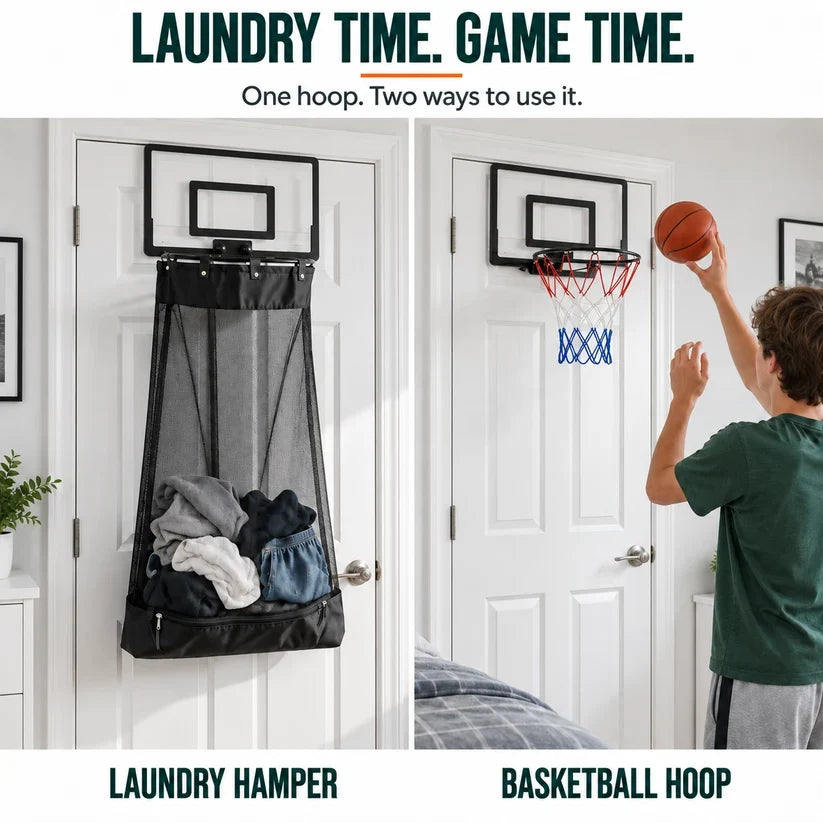 🏀 2-in-1 Door Hanging Laundry Basket with Basketball Hoop – Fun & Functional Storage!