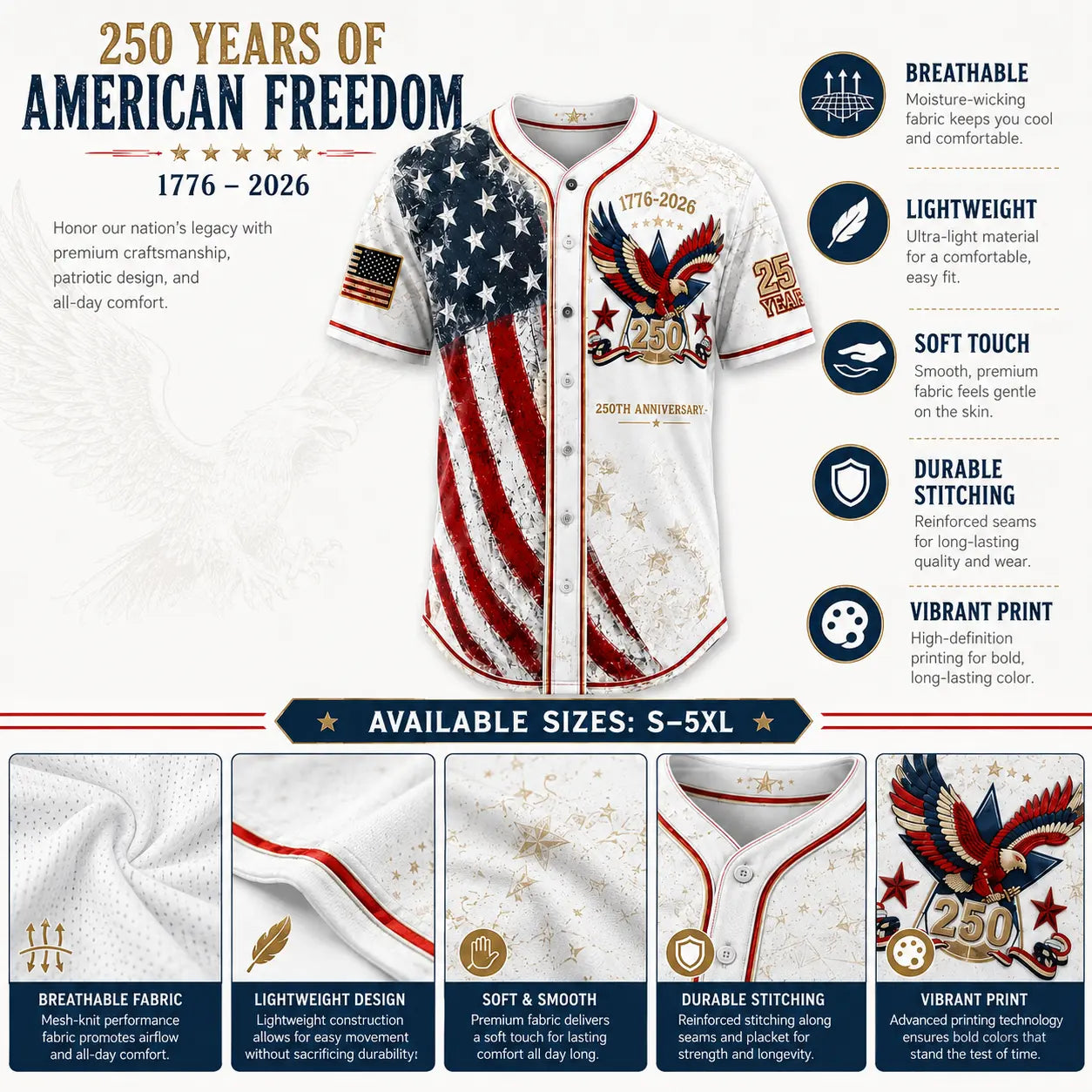 Unisex Button Down Baseball Jersey for Men & Women, USA 250th Anniversary Patriotic Shirt, American Flag Eagle Print 1776-2026