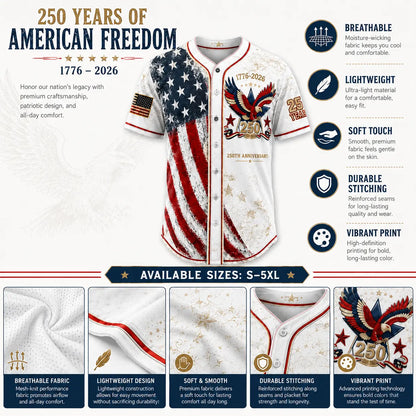 Unisex Button Down Baseball Jersey for Men & Women, USA 250th Anniversary Patriotic Shirt, American Flag Eagle Print 1776-2026