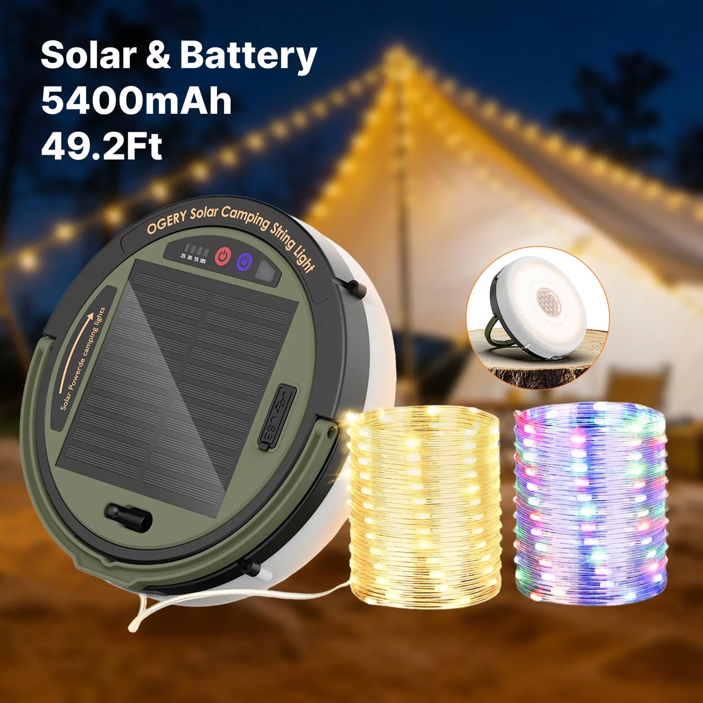 2-in-1 Retractable Solar Camping String Lights | 49Ft Waterproof Lantern