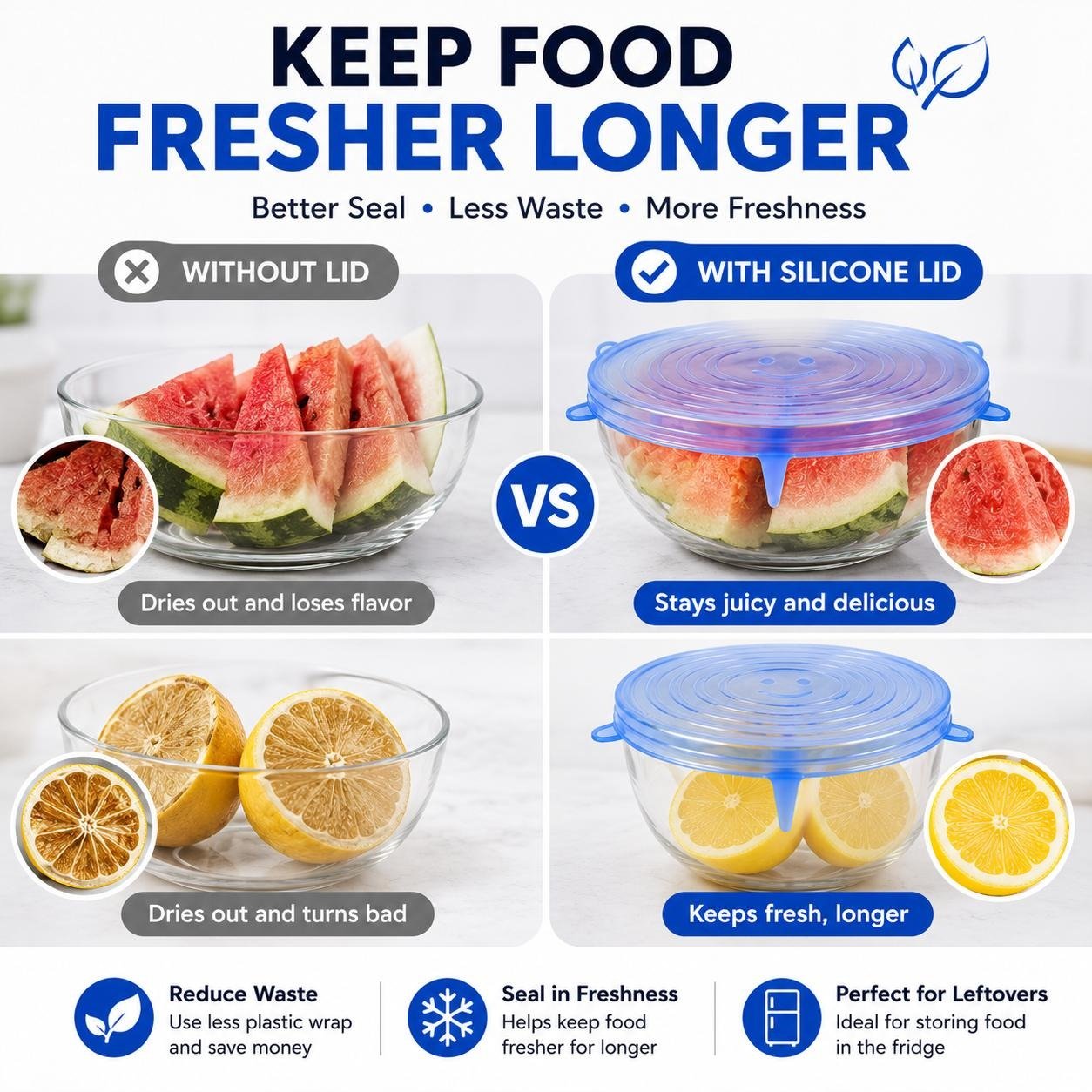 🥗6 Pack Silicone Stretch Lids, Reusable Food Grade Bowl Covers with 6 Sizes, Stretchable Silicone Sealing Lids for Bowls, Cups, Pots & Fruits