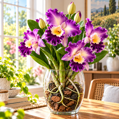 🌸Rare Ruffled Cattleya Orchid – Rooted Pseudobulbs | Spectacular Exotic Blooms💜