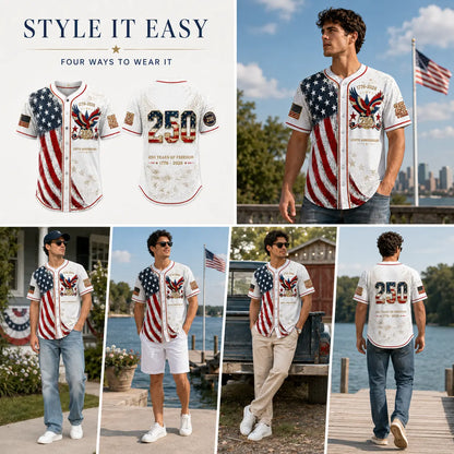 Unisex Button Down Baseball Jersey for Men & Women, USA 250th Anniversary Patriotic Shirt, American Flag Eagle Print 1776-2026