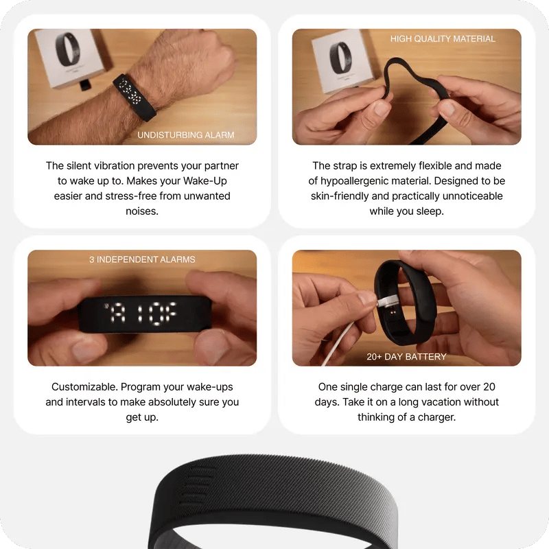 ⌚ Silent Vibration Alarm Clock – Wrist-Worn Wearable Wake-Up Device for Heavy Sleepers, Partner-Friendly Quiet Alarm with 2 Intensity Levels, 3 Alarms & 14+ Day Battery