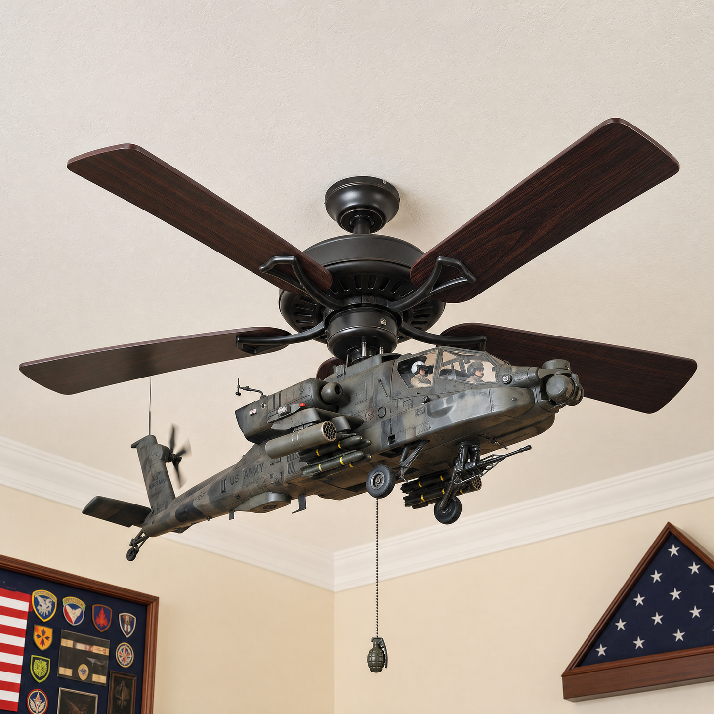 🛩️ Military Helicopter Ceiling Fan Decor – Realistic Hanging Ornament for Man Cave & Home