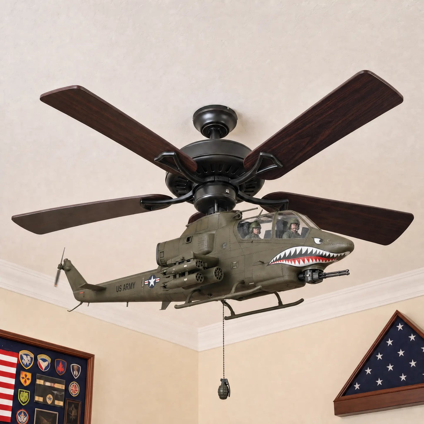 🛩️ Military Helicopter Ceiling Fan Decor – Realistic Hanging Ornament for Man Cave & Home